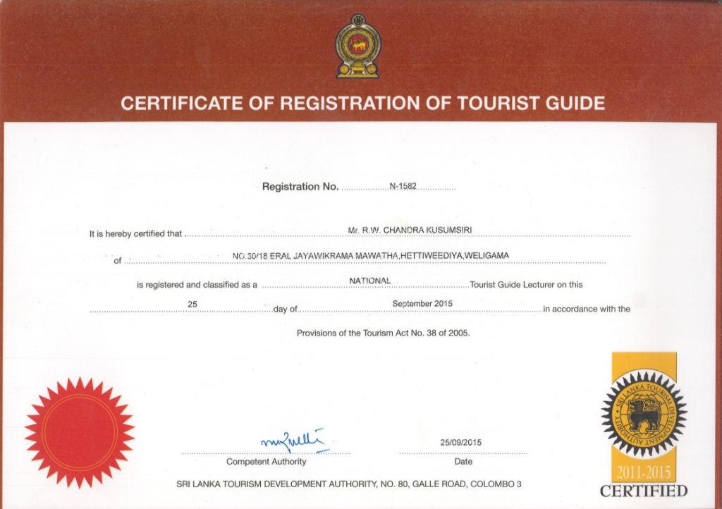Certificate of Registration – Tourist Guide (Chauffeur)